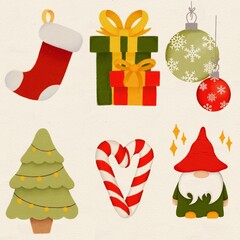 Colorful Christmas decorations featuring a stocking, gifts, ornaments, candy canes, a tree, and a gnome on a light background