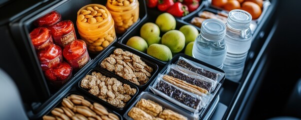 Healthy snacks and fruits arranged in a car's storage organizer.
