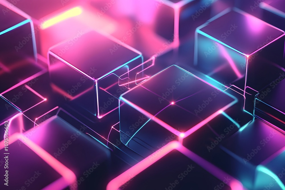 Poster abstract digital cubes illuminated with vibrant neon colors, creating a futuristic atmosphere.