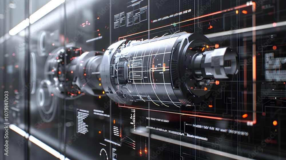 Poster a futuristic looking machine with a glowing red cylinder. the machine is in a factory setting. conce