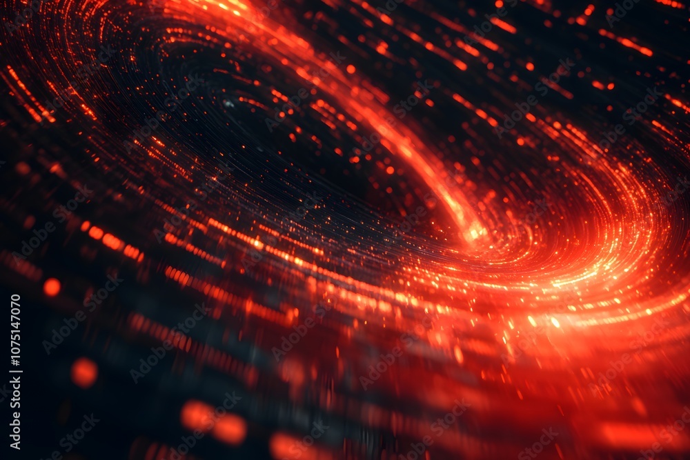 Poster abstract swirling red light patterns resembling cosmic phenomena.