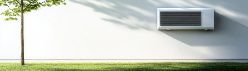 Modern air conditioner mounted on a clean white wall in garden.
