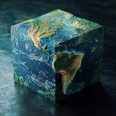 A cube-shaped model showcasing an intricately detailed Earth.