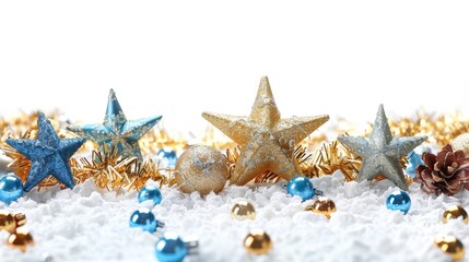 A snowy Christmas background with twinkling stars and snowflakes, isolated on white