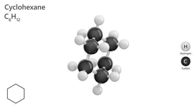 Cyclohexane. Solvent. Animated 3D model of a molecule. Molecular formula: C6H12. Chemical model: Ball and sticks. White background. 3D rendering. Seamless loop.
