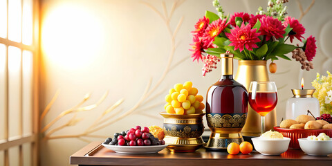 Glossy Background Traditional Korean Wine Ceremony Seollal Festive Elements Cultural Pride Elegant Setup Ample Copy Space Celebration Concept Photo Stock