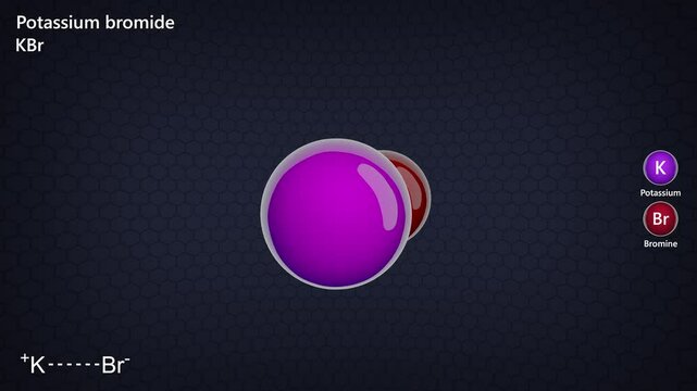 Potassium Bromide. Animated 3D model of a molecule. Molecular formula: KBr. Chemical model: Ball and sticks. Dark background. 3D rendering. Seamless loop.