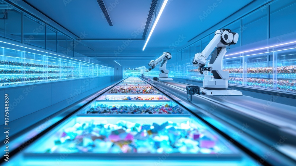 Poster futuristic robotic arms sorting colorful materials in a factory.