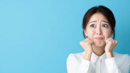 Frustrated Asian Woman Expressing Her Emotions with Fists Up Against a Blue Background in a Professional Setting