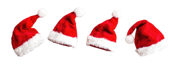 Set of 4 realistic red Santa hats with white trim in different positions, transparent background, PNG