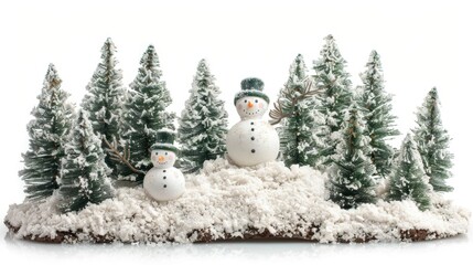 Fototapeta premium A snowy Christmas scene with a small snowman and pine trees, isolated on white