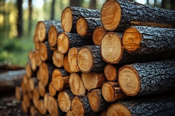 A stack of freshly cut logs in a forest