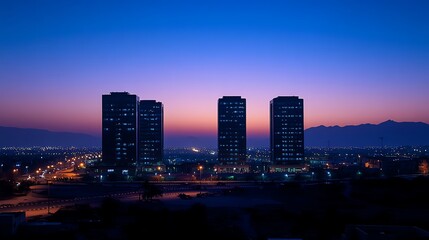 Fototapeta premium A panoramic view of a city skyline at dusk, with three tall buildings standing out against the backdrop of a hazy, purple sky.