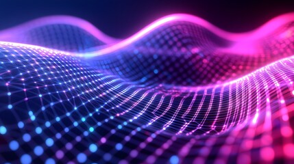 Abstract digital waves with vibrant colors and grid patterns, representing data flow.