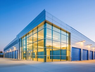 Fototapeta premium Modern building exterior with large glass windows at dusk.