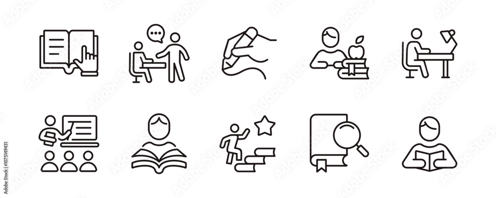 Aufkleber student read and learn outline study icon set education online learning course reading book research