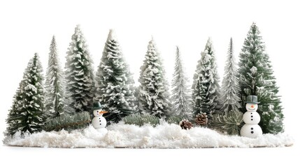 Obraz premium A snowy Christmas scene with a small snowman and pine trees, isolated on white