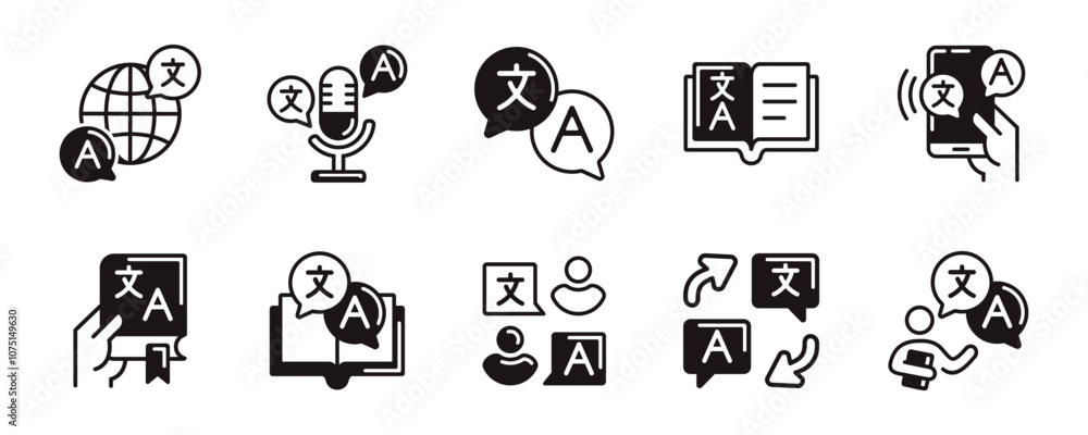Poster international communication language translate icon set global translation dictionary online service