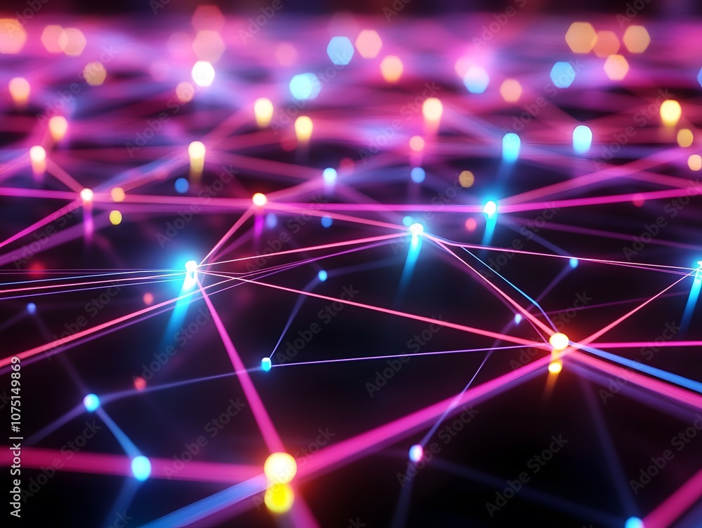 Poster abstract visualization of a network with glowing nodes and connections in vibrant colors.