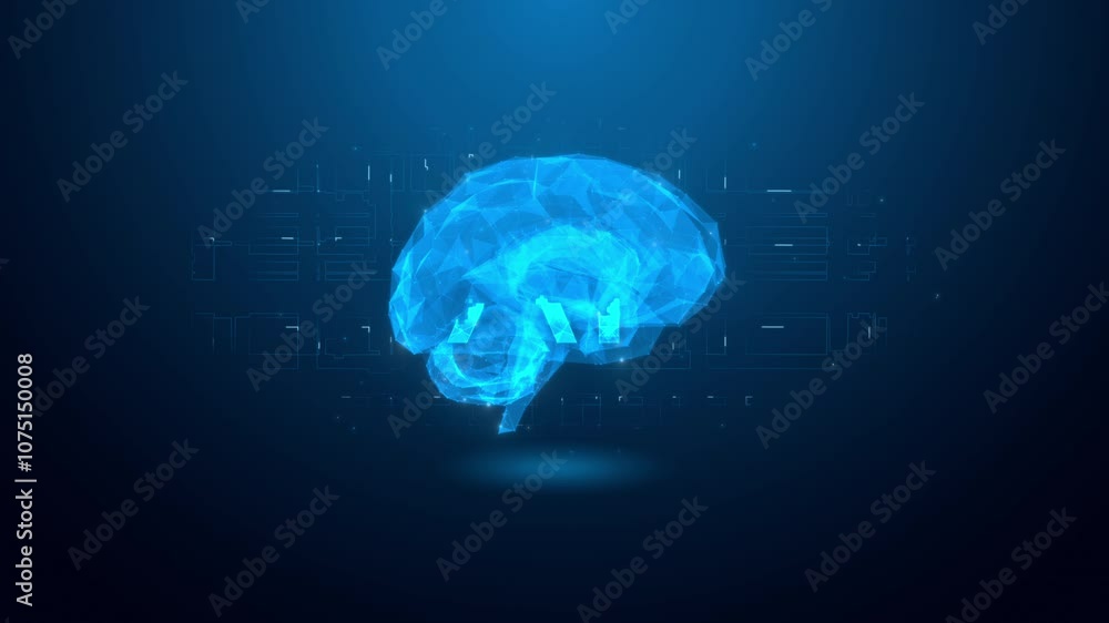 Poster futuristic artificial intelligence brain concept with glowing blue polygons and circuit diagram back