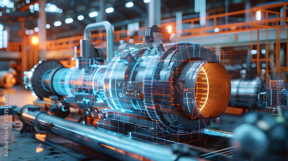 Poster a futuristic looking machine with a glowing red cylinder. the machine is in a factory setting. conce