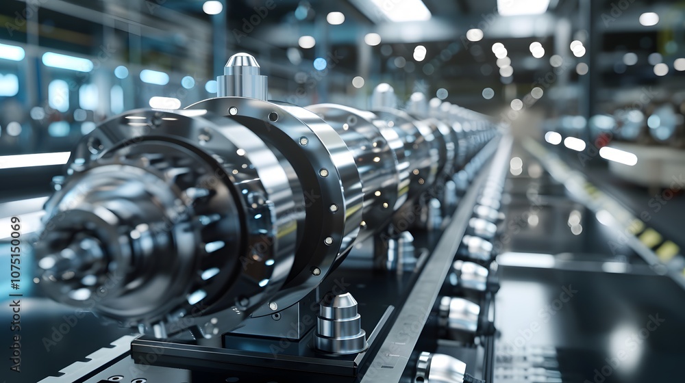 Poster a futuristic looking machine with a glowing red cylinder. the machine is in a factory setting. conce