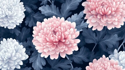 Seamless Pattern of Pink and White Chrysanthemums with Navy Blue Leaves. AI generated illustration