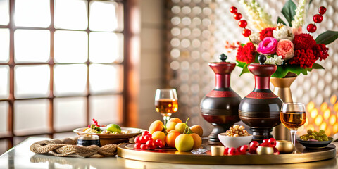 Glossy Seollal Wine Ceremony Background Traditional Korean Setup Elegant Festive Elements Ample Copy Space Celebration Culture Pride Photo Stock Concept