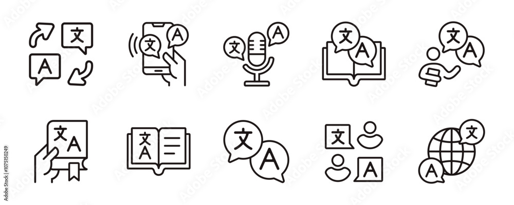 Poster global language translate icon set international communication online dictionary translation tool se