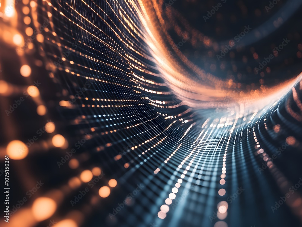Poster abstract digital wave with glowing particles and lines, representing data flow and technology.