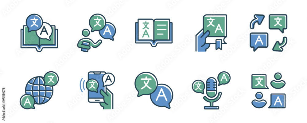 Poster international language translate dictionary icon set online global communication bubble dialogue translation service vector illustration for web and app
