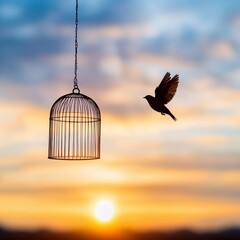 A Beautiful Silhouette of a Bird Escaping from an Open Cage Against a Stunning Sunset Sky Symbolizing Freedom and New Beginnings
