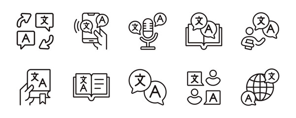 global language translate icon set international communication online dictionary translation tool service outline signs vector illustration