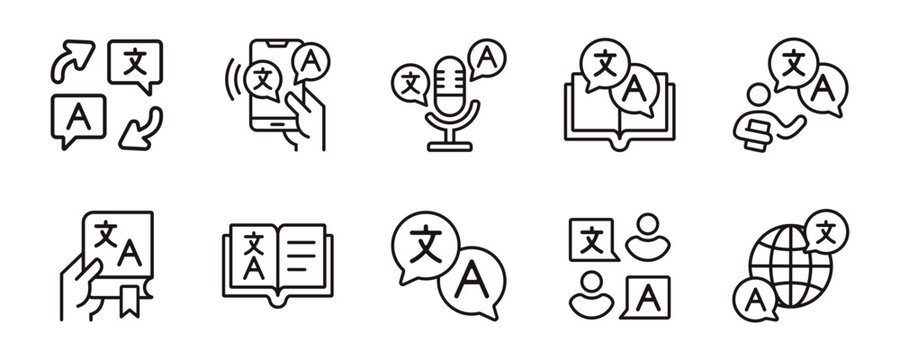 global language translate icon set international communication online dictionary translation tool service outline signs vector illustration