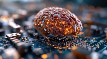 The brain model overlays a circuit board, merging biological complexity with technological advancement, symbolizing human-machine integration and innovation.