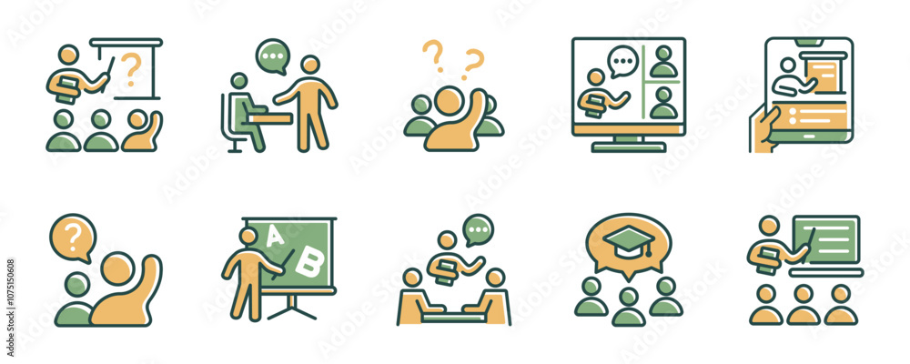 Aufkleber lecture education school classroom learning icon set teacher and student conference workshop training course vector illustration business online academy college symbol design for web and app