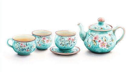 Elegant turquoise tea set with floral designs, perfect for tea time gatherings.