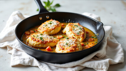 Fototapeta premium Mary's famous chicken dish sizzling on a stove top.
