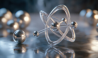 Scalar 3D rendering of an atom with protons. Seen from the side, a close-up view of two silver...