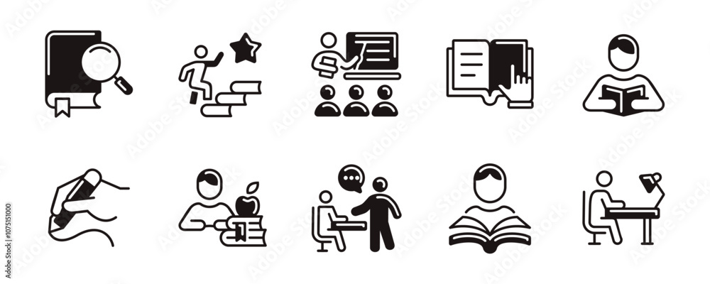 Leinwandbilder read and learn study icon set education student learning online course reading research school work signs vector unique style illustration for web and app
