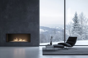 Fototapeta premium minimal modern interior with a sleek fireplace, minimalist decor, and a large window showing a winter landscape