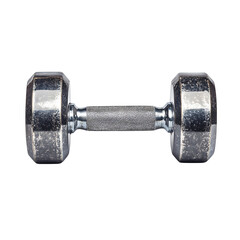 Close-Up of Shiny Metal Dumbbell with Textured Grip Isolated on White Background
