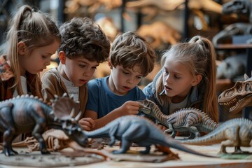 Children explore the prehistoric world with fossils and dinosaur models