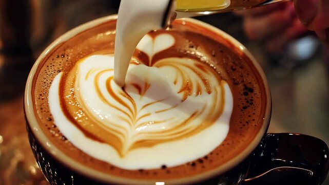 A person is pouring milk into a coffee cup with a heart design