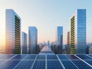 Fototapeta premium Modern city skyline with solar panels on rooftops at sunset.