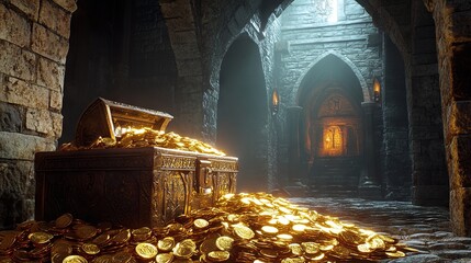 Treasure Trove: A Pile of Gold Coins in a Medieval Castle Interior. AI generated illustration