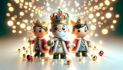 Fototapeta premium 3D Bokeh Lights Reyes Magos Festive Attire Copy Space Smooth Camera Sweep Celebration Joy Advertising Magazine Covers White Background Icon