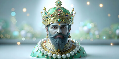 Detailed close up portrait of Reyes Magos adorned with festive makeup enhancing regal appearance and festive spirit ideal for magazine ads or banners featuring ample text copy space.