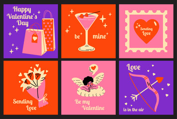 Saint Valentine's Day vector social media posts set design concept. Collection of cute groovy funky cartoon illustration stickers of shopping bags, cupid, cocktail, love potion, heart, arrow
