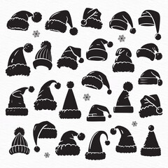 black and white collection of christmas hat silhouettes with various designs, including pom-poms and snowflakes